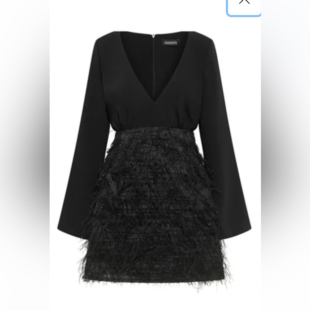 Nana’s black cocktail dress with feather detail skirt